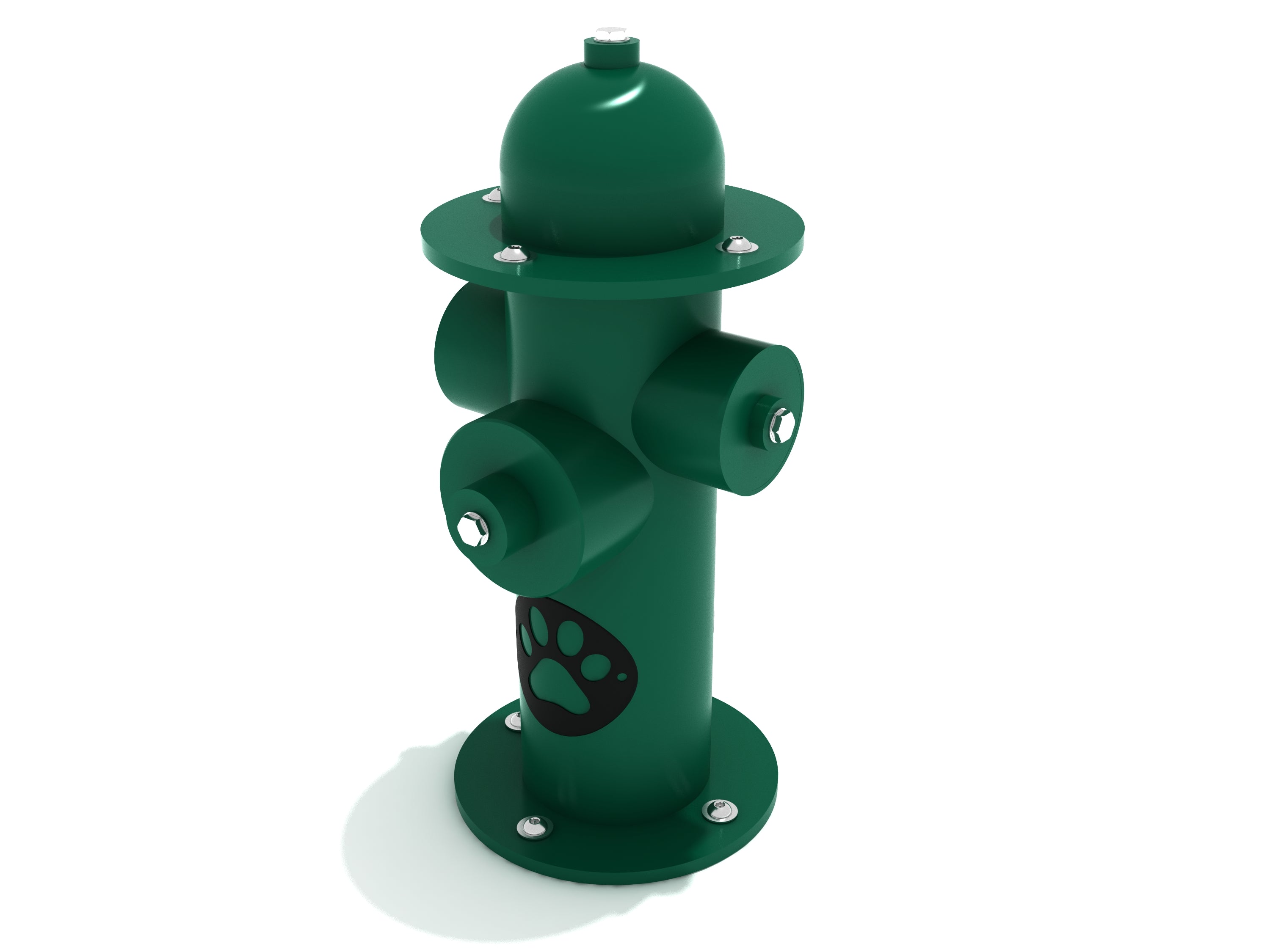 Dark green steel dog park fire hydrant with paw print detail and bolt accents, upright on surface