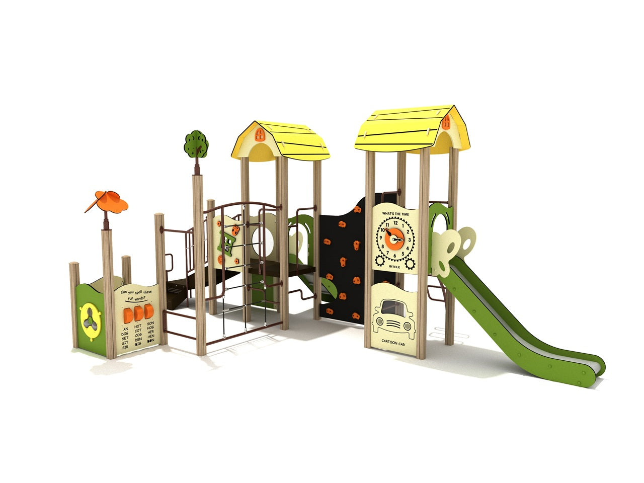 Arizona Fir Canopy Quest play structure with yellow barn roofs, green slide, climbing wall, and interactive panels for active play
