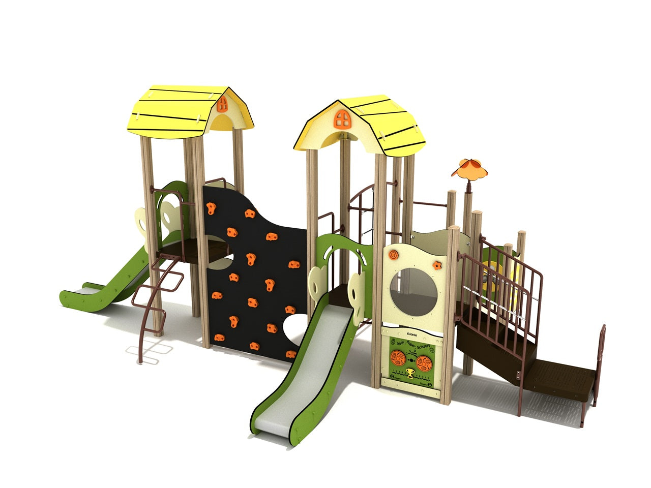 Colorful commercial playground with yellow barn-style roofs, slides, climbing wall, and interactive play panels