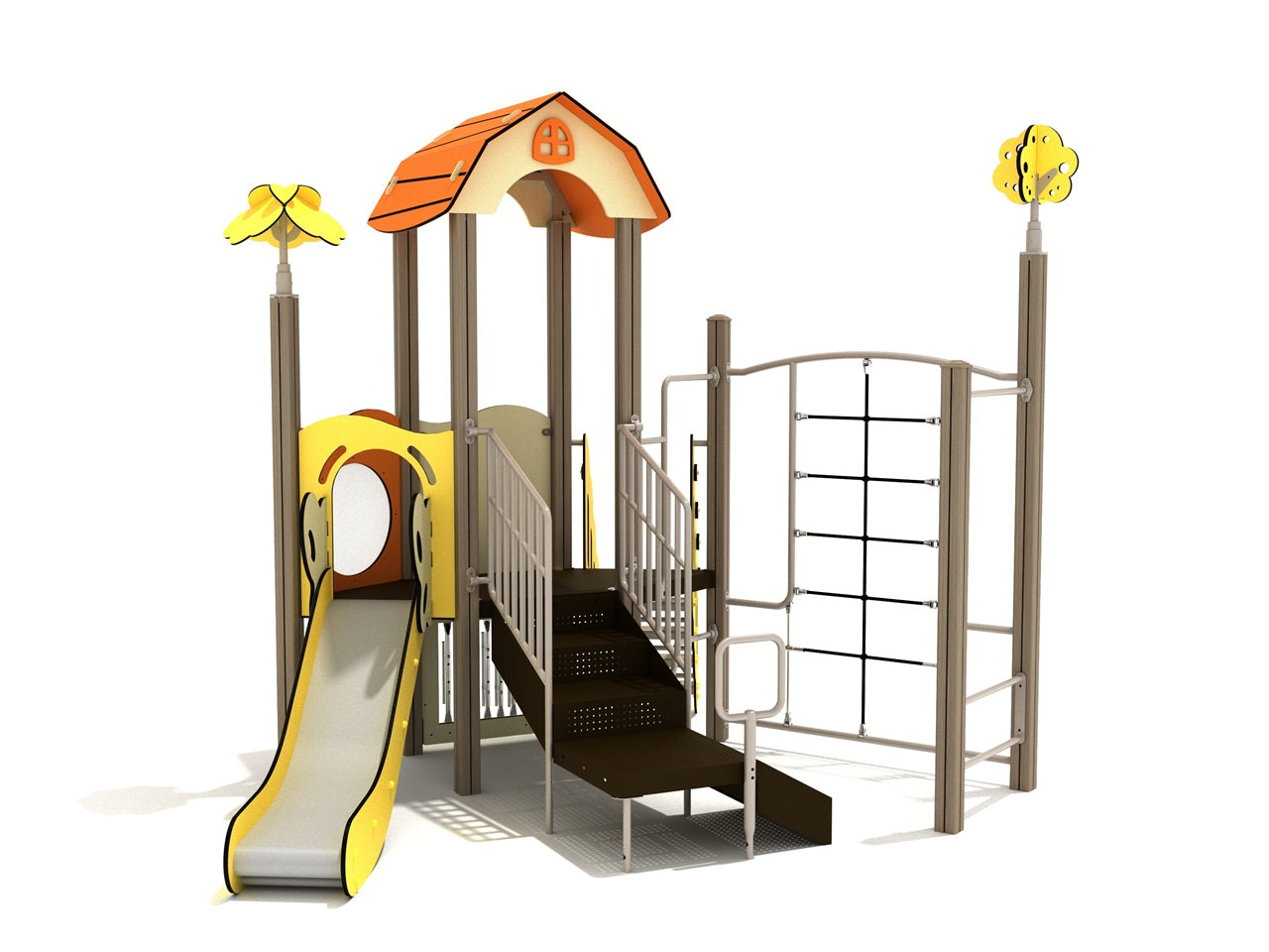 Compact playground structure with slide, climbing net, steps, tunnel, and decorative yellow flower accents under a palm canopy