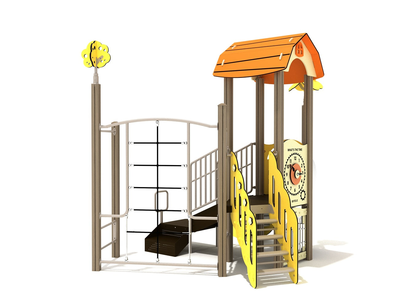 California Palm Canopy Quest Play Structure with orange roof, yellow panels, rope climbing grid, stairs, slide, tunnel, and activity clock panel