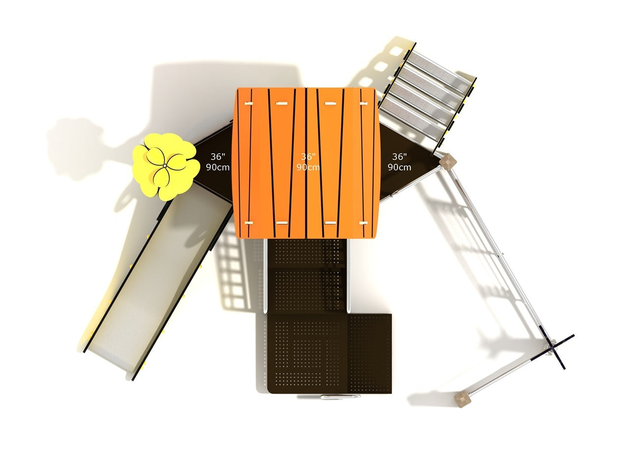 Overhead view of compact playground with orange canopy, slide, climbing ladder, and activity panel