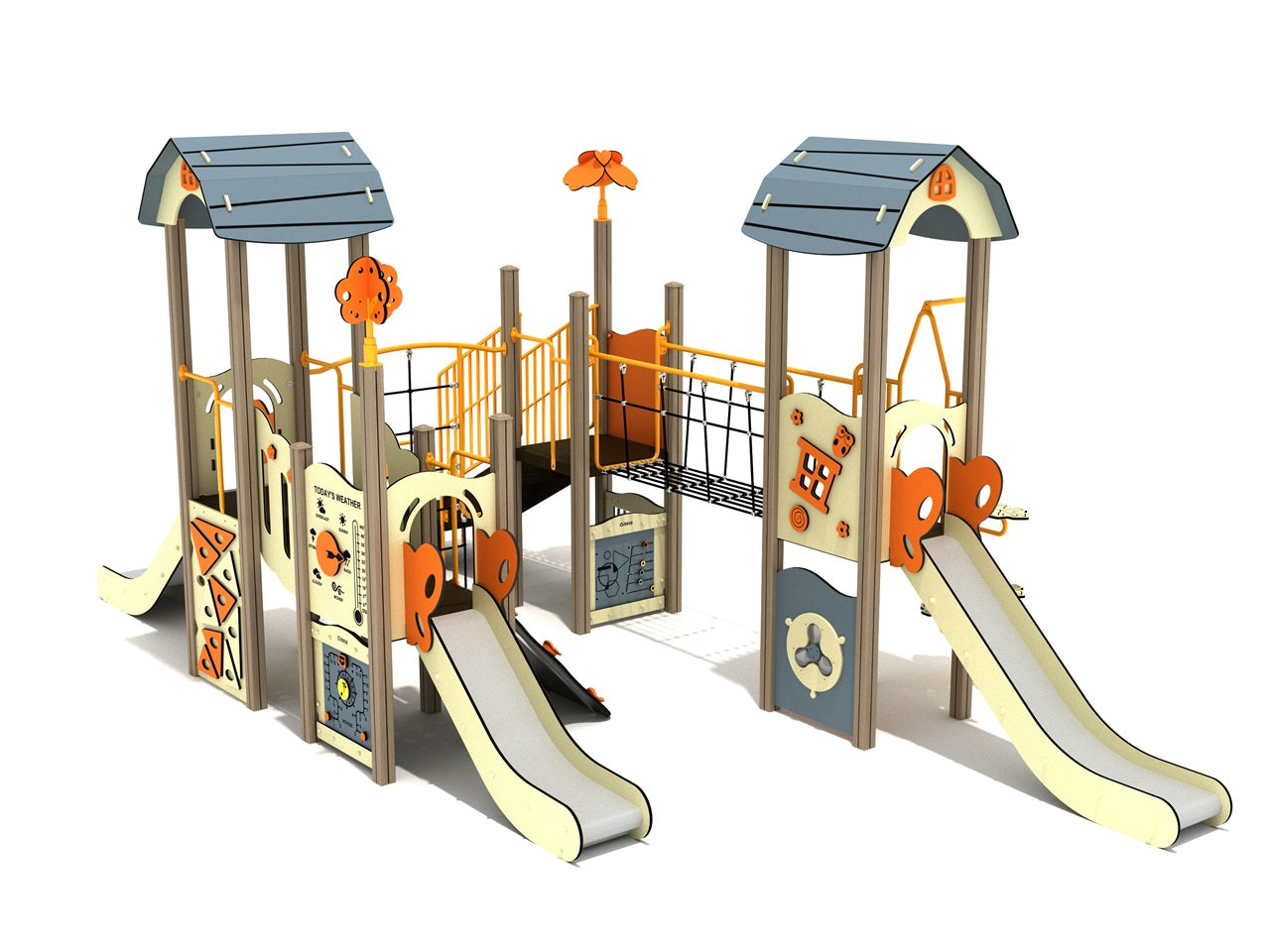 Texas Sugarberry Canopy Quest Play Structure with four slides, rope bridge, climbers, shaded roofs, and tree toppers in orange and beige tones