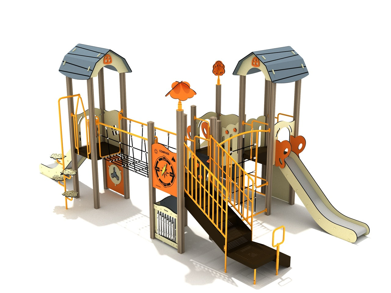 Outdoor play structure with two roofed platforms, four slides, rope bridge, climbing walls, and interactive panels in orange and beige.