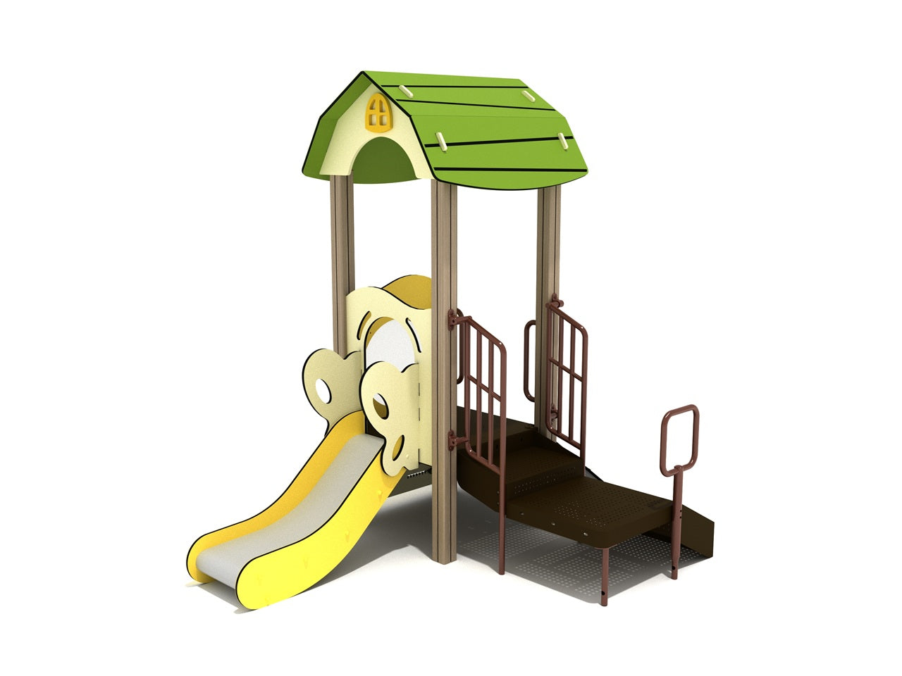 Compact playground structure with green barn-style roof, yellow slide, transfer station, and brown safety rails