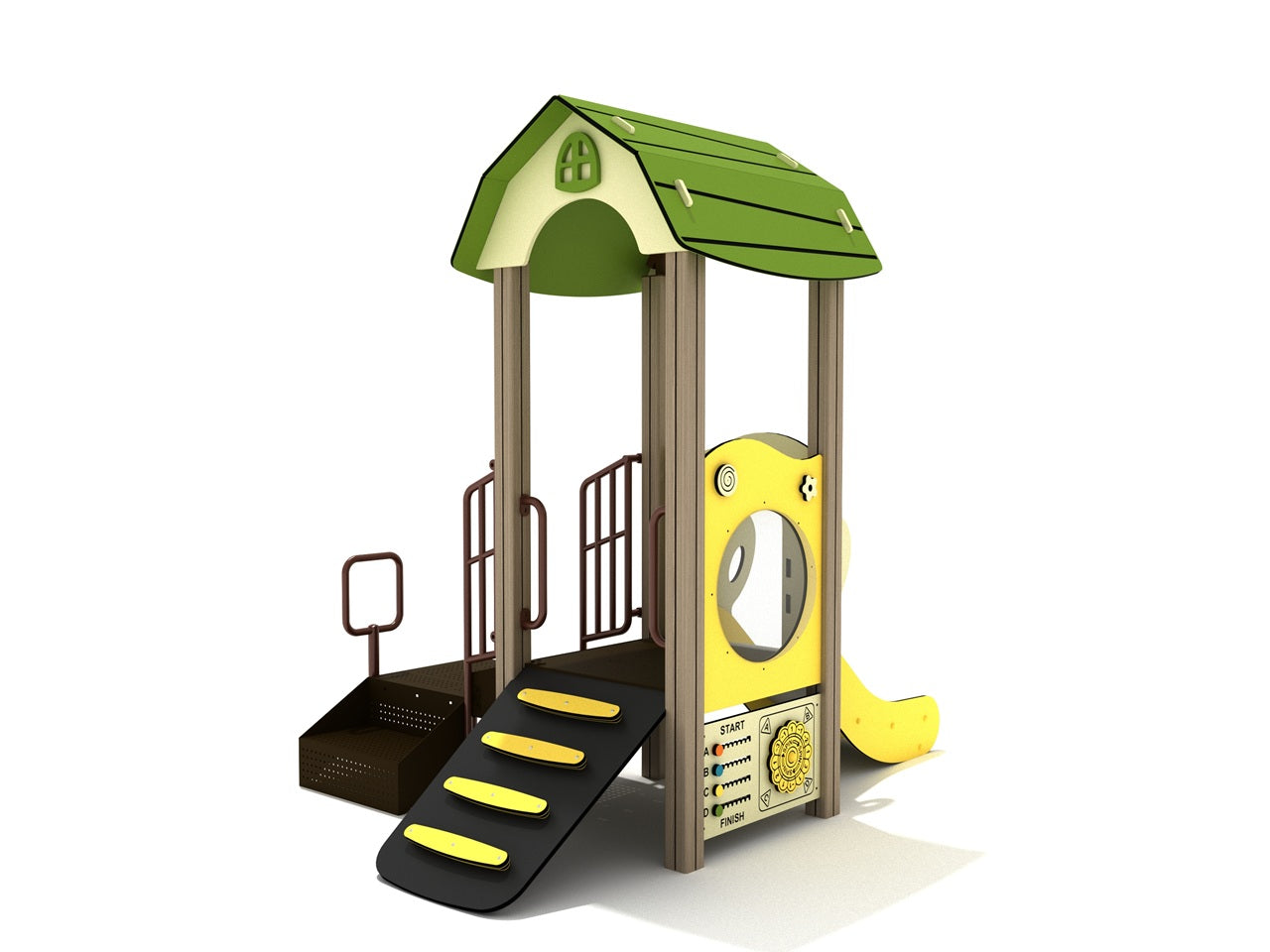 Peach Oak Canopy Quest Play Structure with green barn-style roof, yellow activity panels, black climbing ramp, and slide