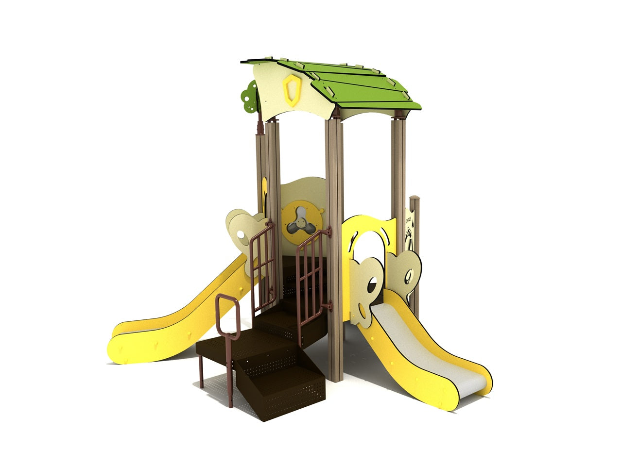 Laurel Magnolia Canopy Quest Play Structure with dual yellow slides, green shaded roof, activity panels, and brown steps