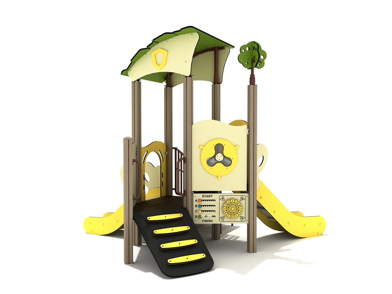 Compact playground structure with dual yellow slides, green shaded canopy, activity panels, transfer station, and maple tree topper.