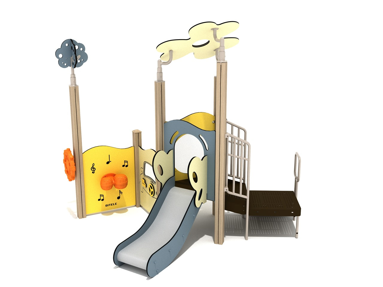 Compact playground with gentle right-turn slide, musical panels, cartoon car dashboard, bubble panel, and clover-shaped shade canopy