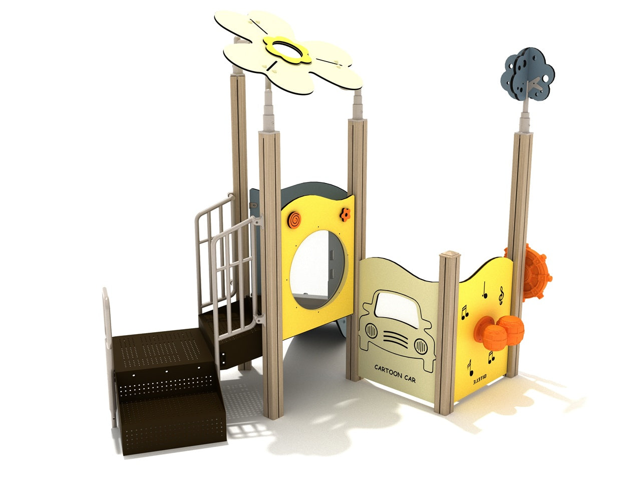 Columbian Spruce Canopy Quest Play Structure with clover canopy, right-turn slide, cartoon car panel, and musical bongo features