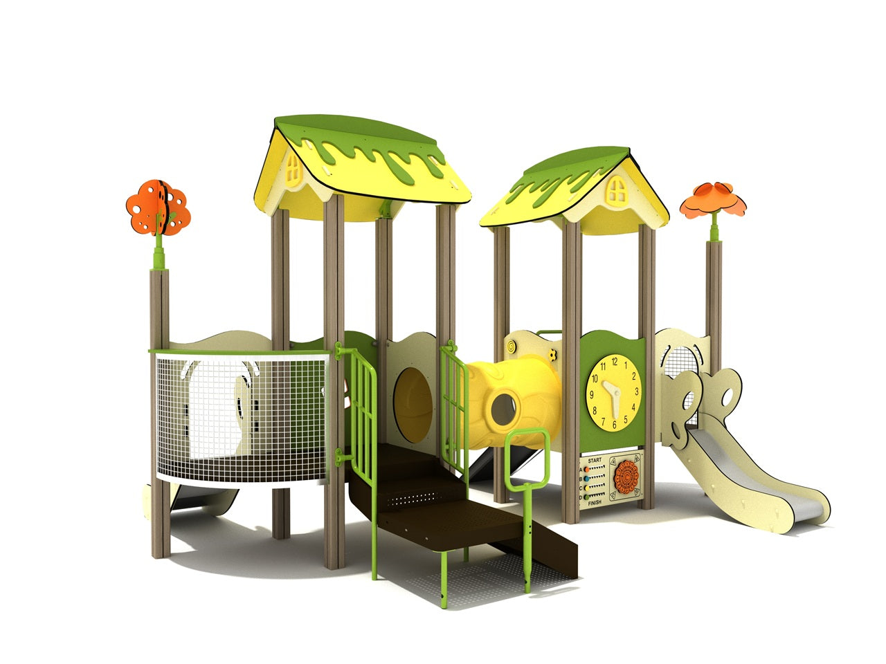 Colorful commercial playground structure with whimsical green and yellow rooftops, interactive panels, tube bridge, and dual slides.