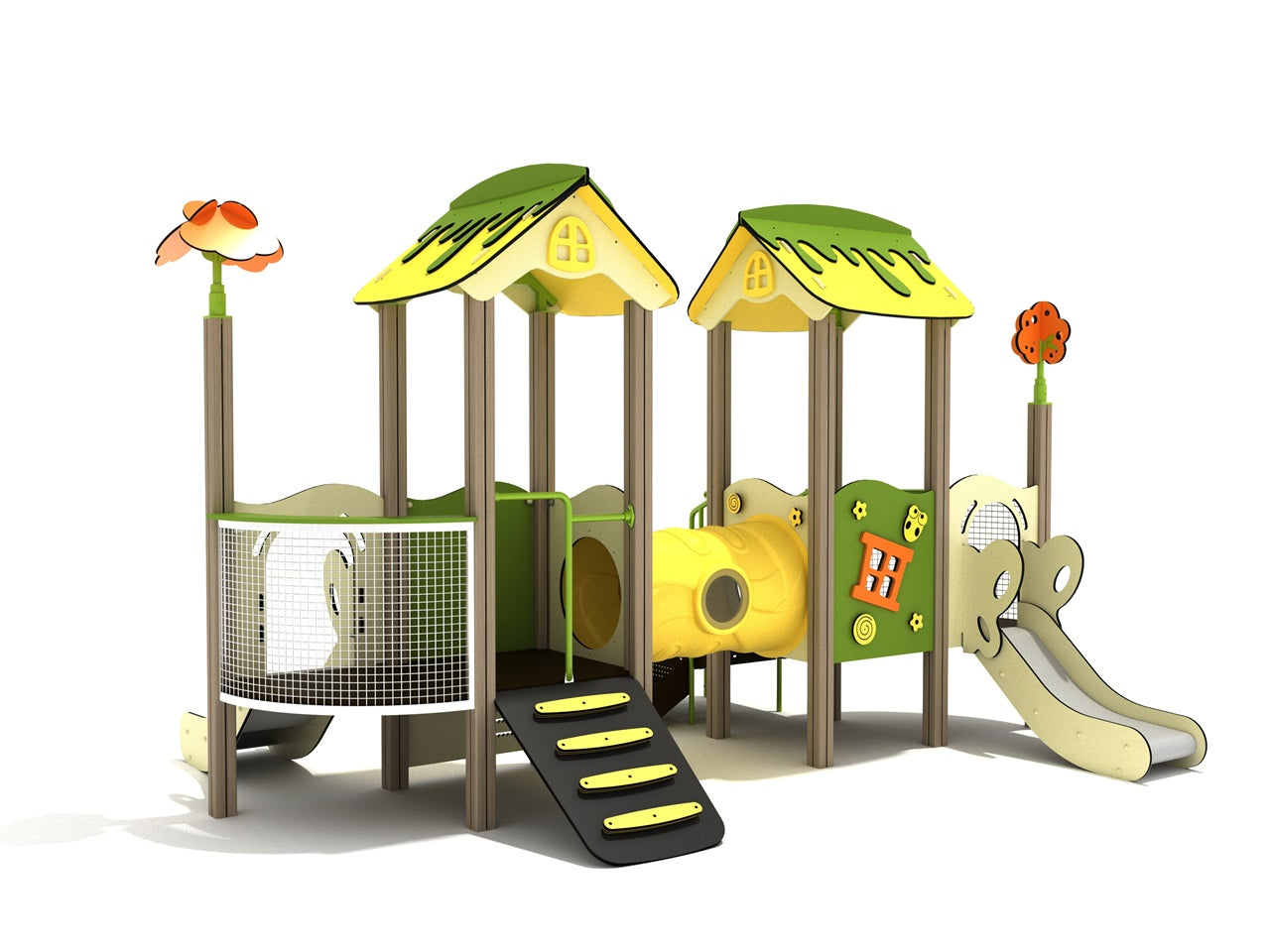 Myrtlewood Canopy Quest play structure with whimsical rooftops, tube bridge, interactive panels, PE bar climber, and two slides