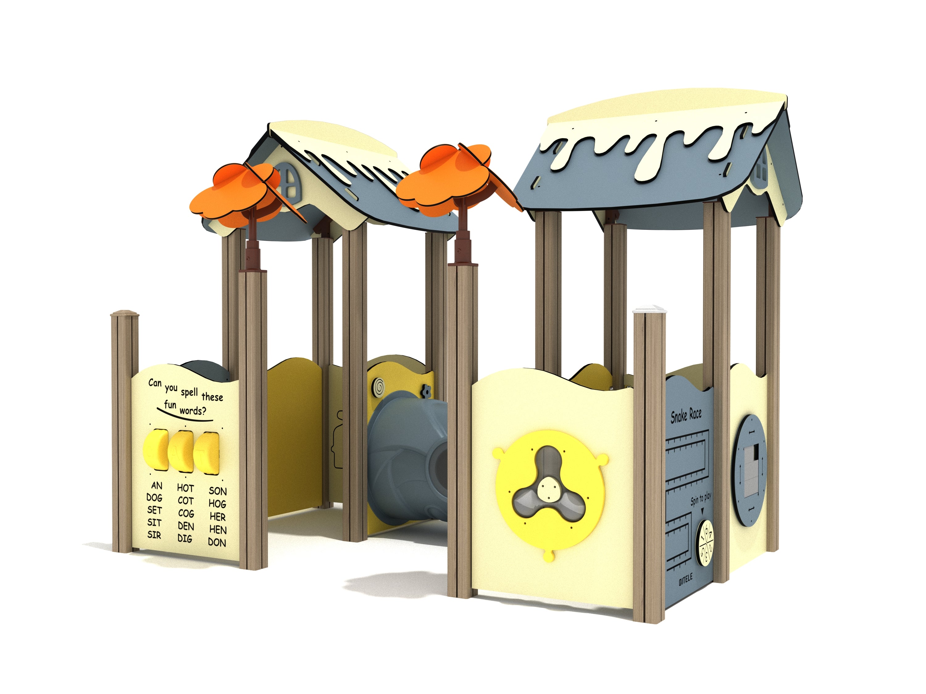 Compact play structure with roofed bays, crawl tunnel, interactive spelling and game panels, colorful flower accents.