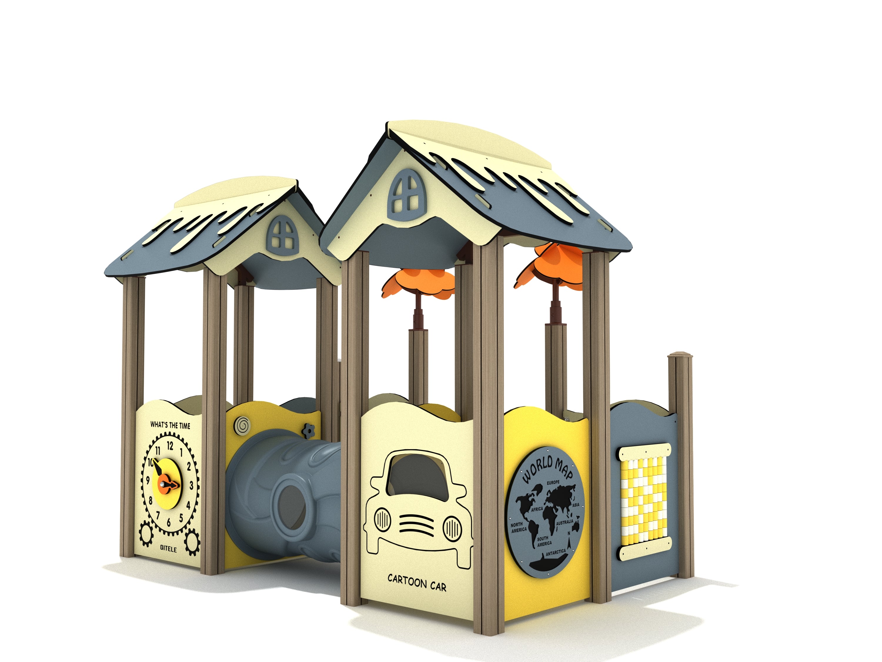 Osage Orange Canopy Quest Play Structure with roofed bays, crawl tunnel, interactive clock, world map, and cartoon car panels