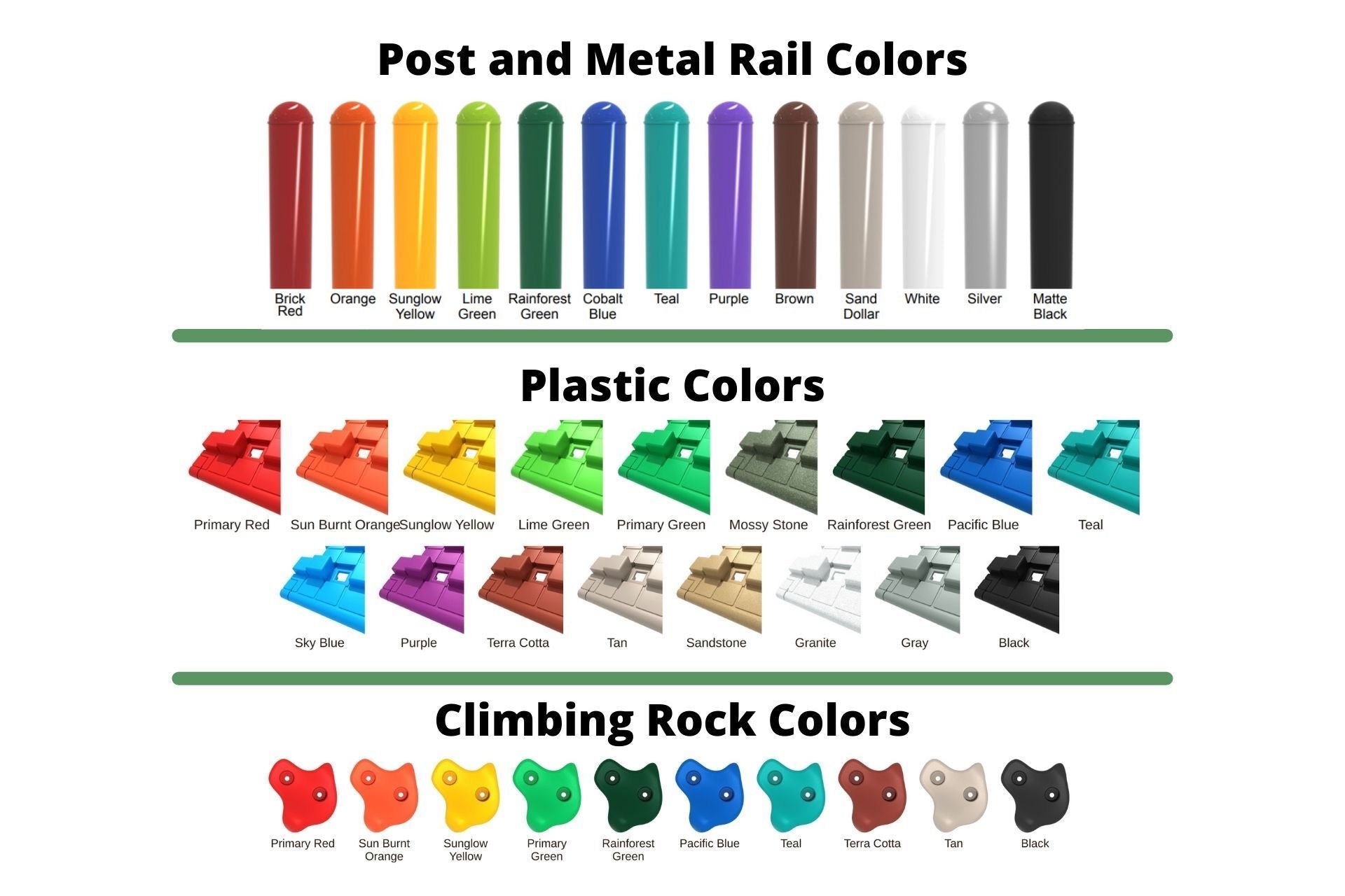 Playground Equipment color options chart for posts, plastic components, and climbing rocks