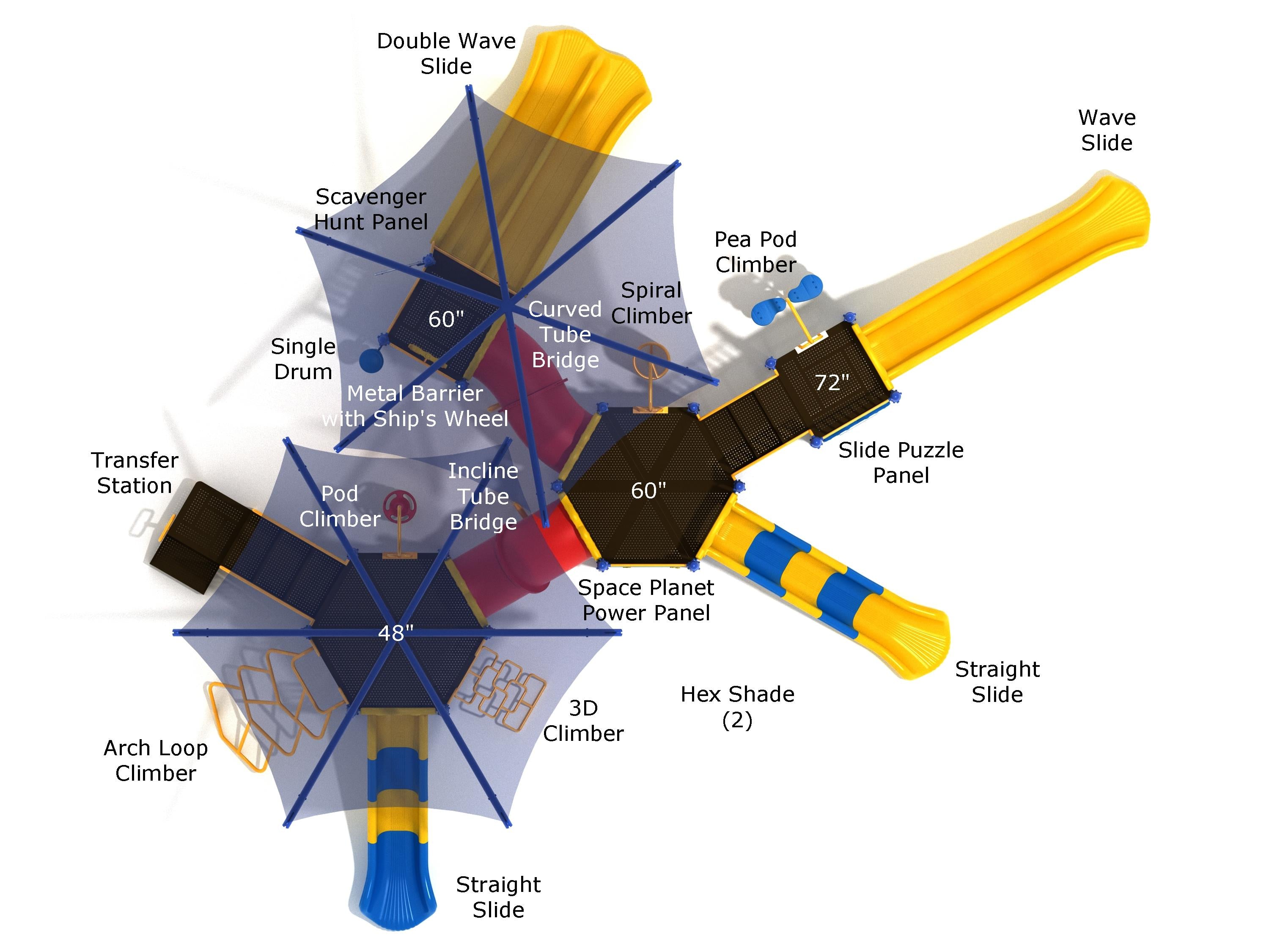 Overhead view of colorful playground with slides, climbers, bridges, panels, shades, and a transfer station