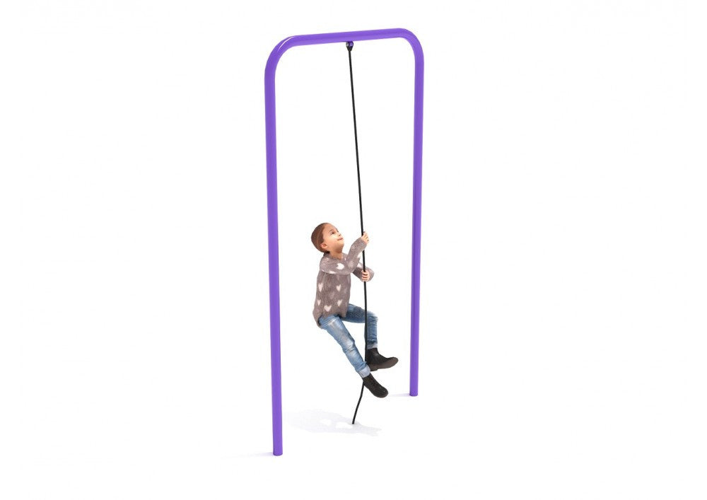 Child climbing a black rope suspended from a tall purple metal frame playground fitness structure