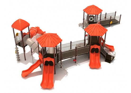 Riverbend Run Playground with three hexagonal decks, ramps, accessible play panels, red slides, and a curved tube slide