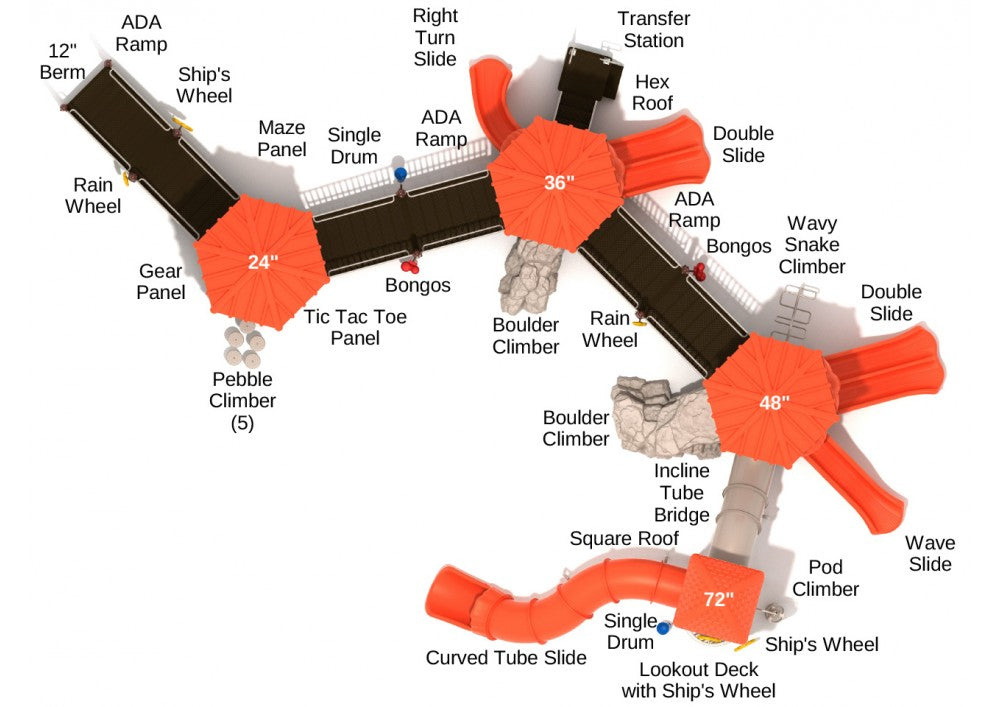 Overhead view of large accessible playground with three hexagonal decks, ramps, slides, climbers, and interactive panels