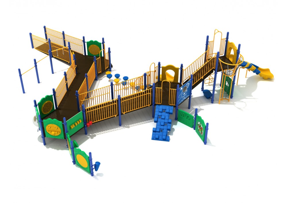 Accessible playground structure with yellow railings, blue climbing blocks, green activity panels, and two yellow slides.