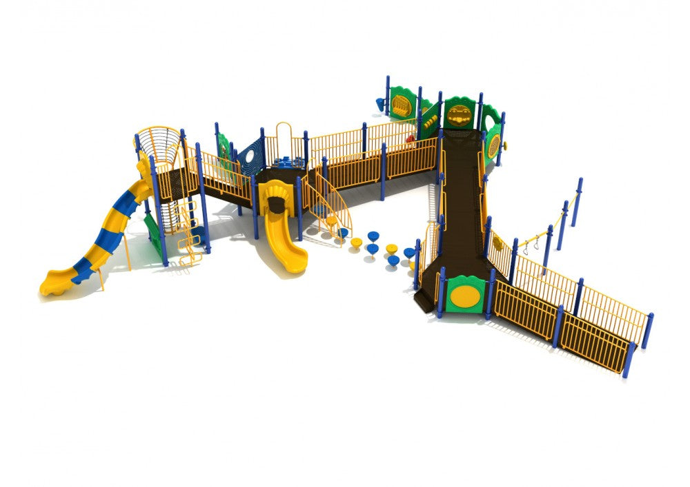 Cypress Preserve Playground large play system with accessible ramps, slides, climbing net, and interactive panels in blue, yellow, and green