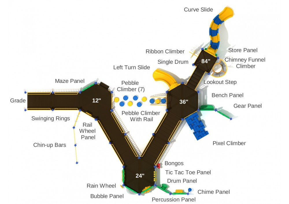 Overhead view of an accessible playground with slides, climbers, musical panels, and interactive play features