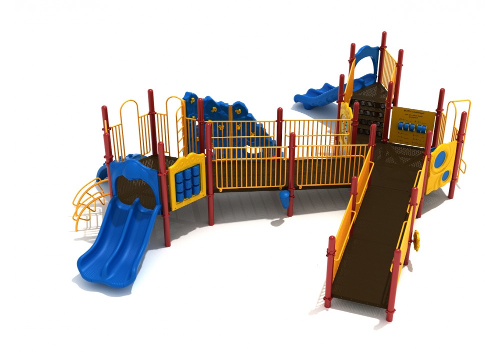 Butler Overlook Playground with accessible ramps, blue slides, climbing wall, yellow railings, and inclusive play features