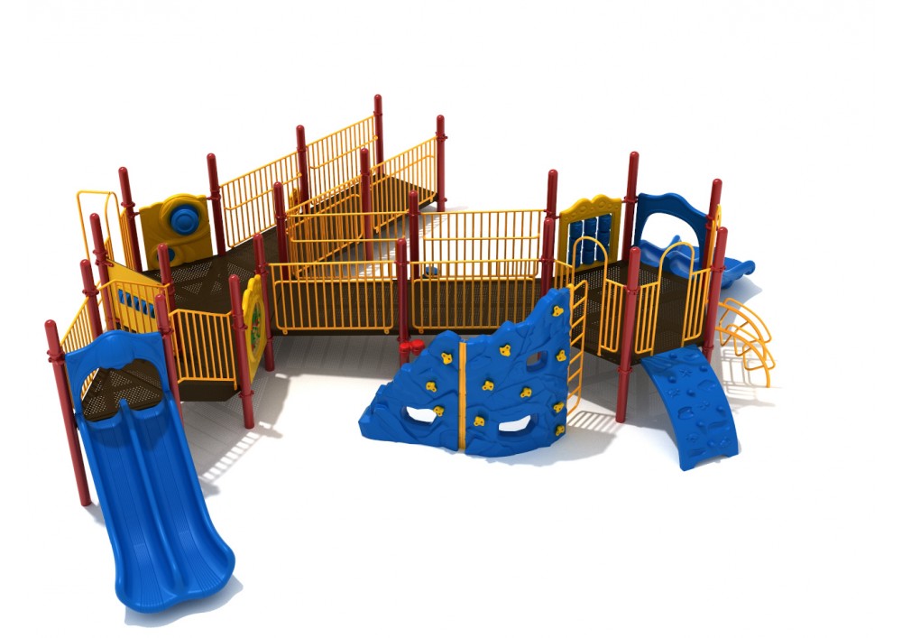 Elevated commercial playground with blue slides, yellow railings, accessible ramps, climbing walls, and musical panels.