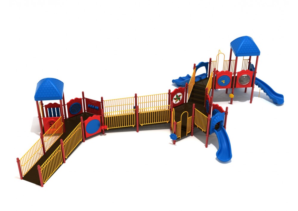 Cherry Valley Playground with accessible ramp, three hexagonal decks featuring interactive panels, blue slides, and climbing elements
