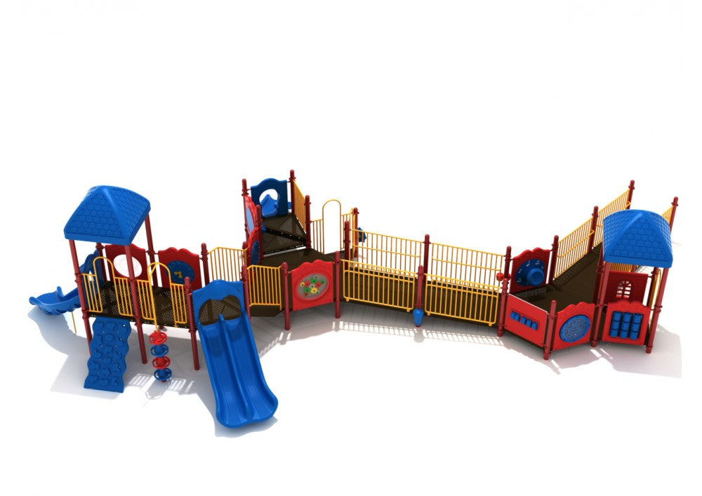 Commercial-grade accessible playground with blue slides, yellow railings, red panels, ramps, and interactive activity panels including Tic Tac Toe and Ball Maze.