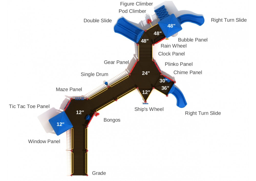 Overhead view of accessible playground with ramps, hexagonal decks, slides, climbers, and interactive play panels