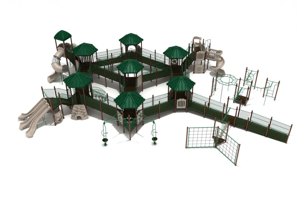 Overhead view of Tallgrass Prairie Playground with interconnected ramps, green roofs, spiral slides, net climbers, and accessible play zones