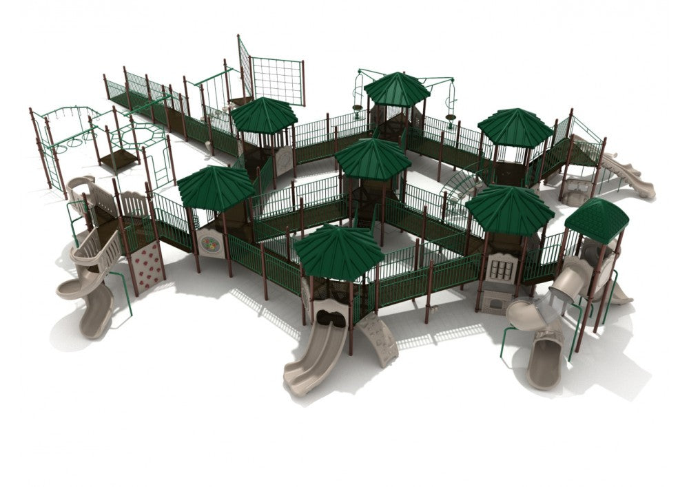 Expansive accessible playground with interconnected ramps, multiple spiral slides, climbing nets, and shaded elevated platforms.
