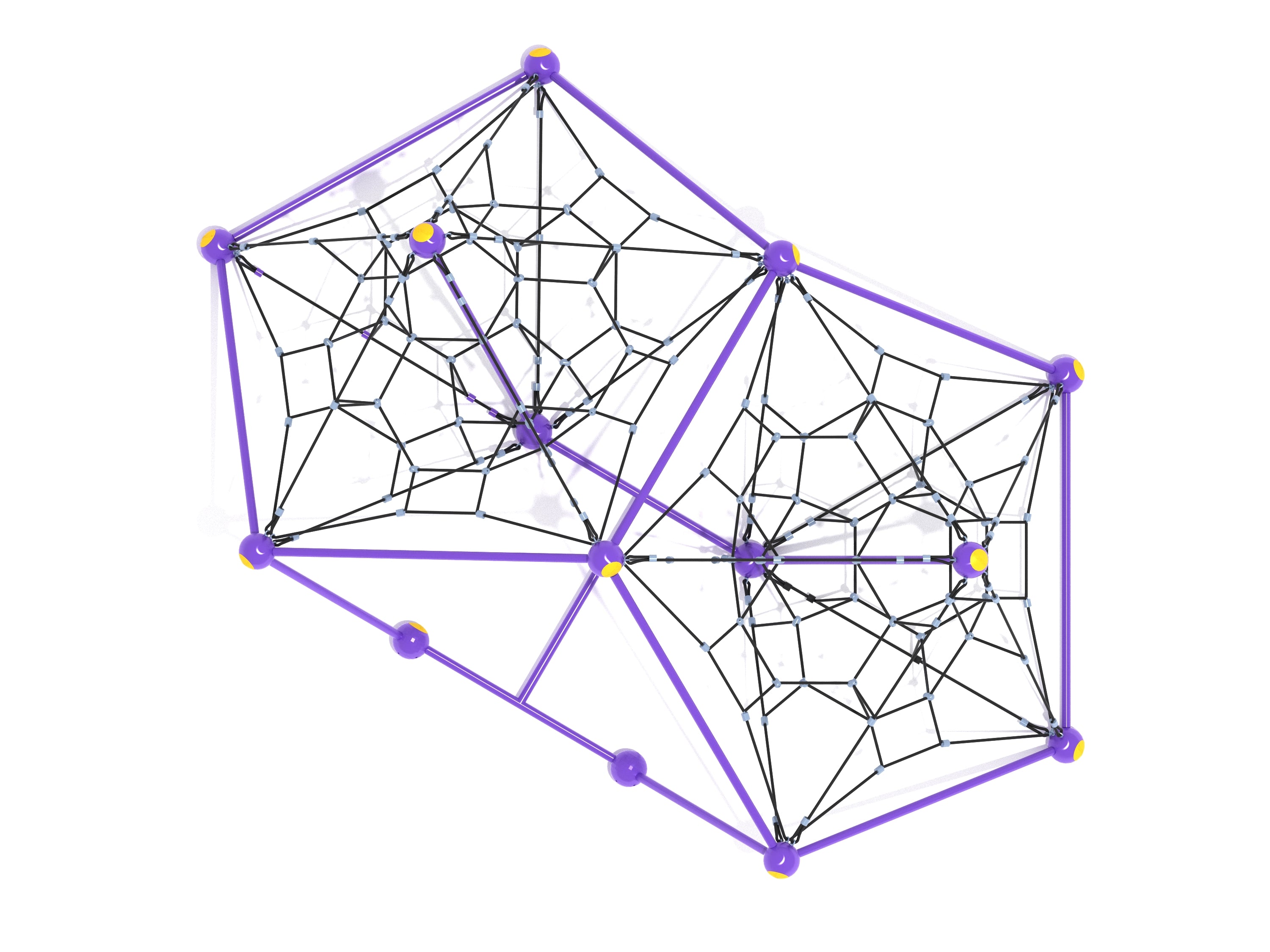 Overhead view of a purple-framed net climber with black rope webs and yellow connectors for active play and teamwork