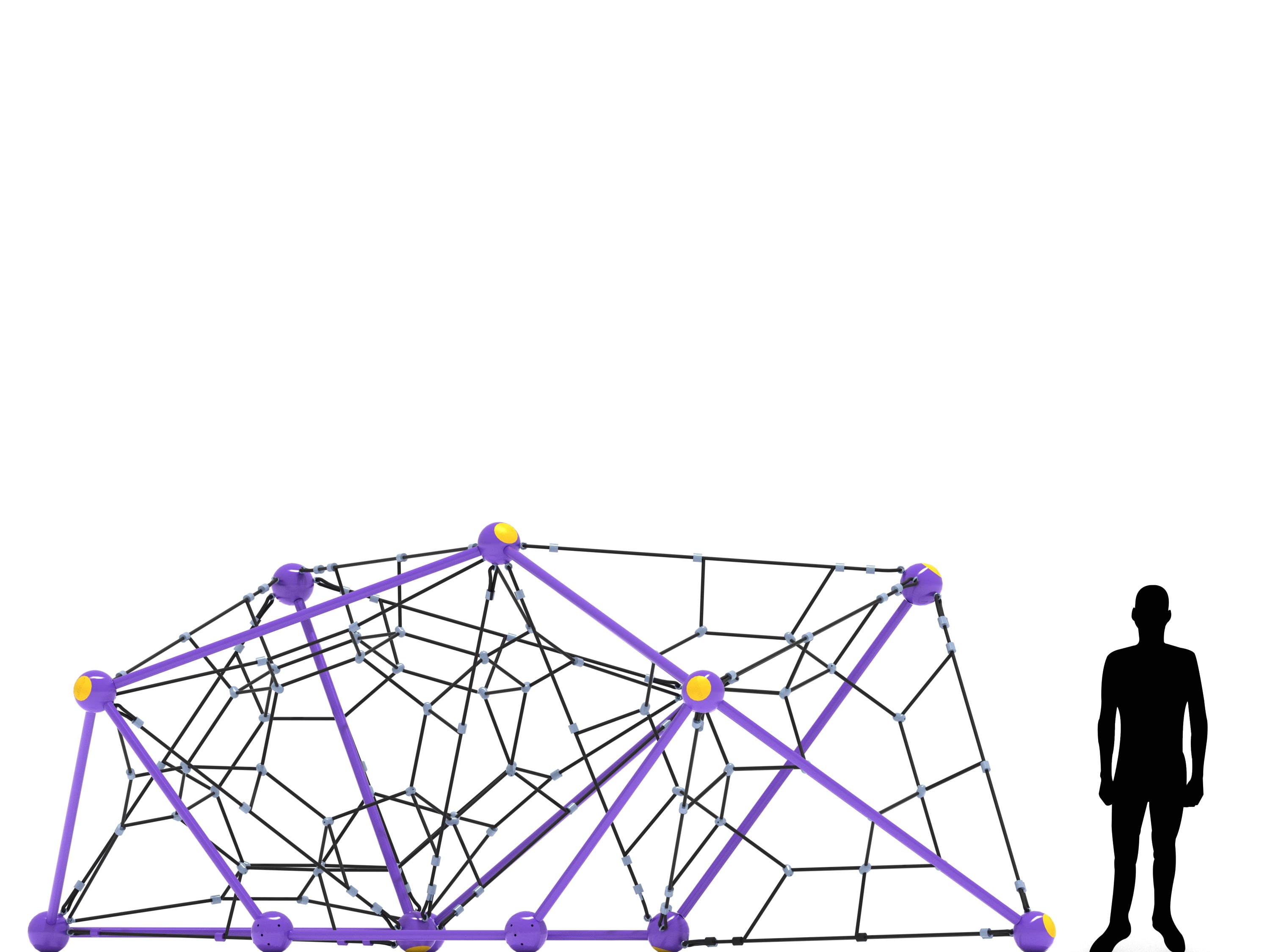 Purple and black geometric rope climbing structure with interconnected web design and yellow connectors, shown with human silhouette for scale