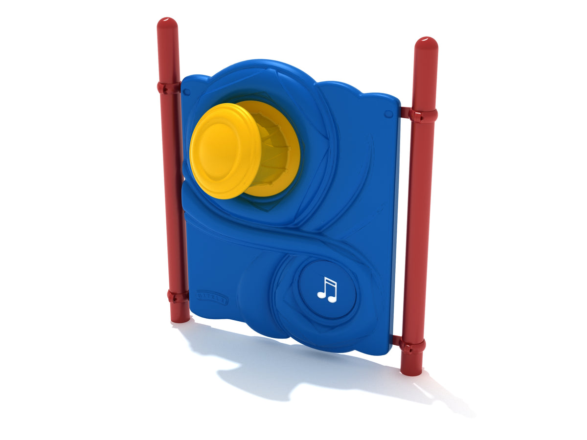 Drum Beats Musical Interaction Stand Alone play panel with blue swirling design, yellow drum, and red posts for outdoor playgrounds