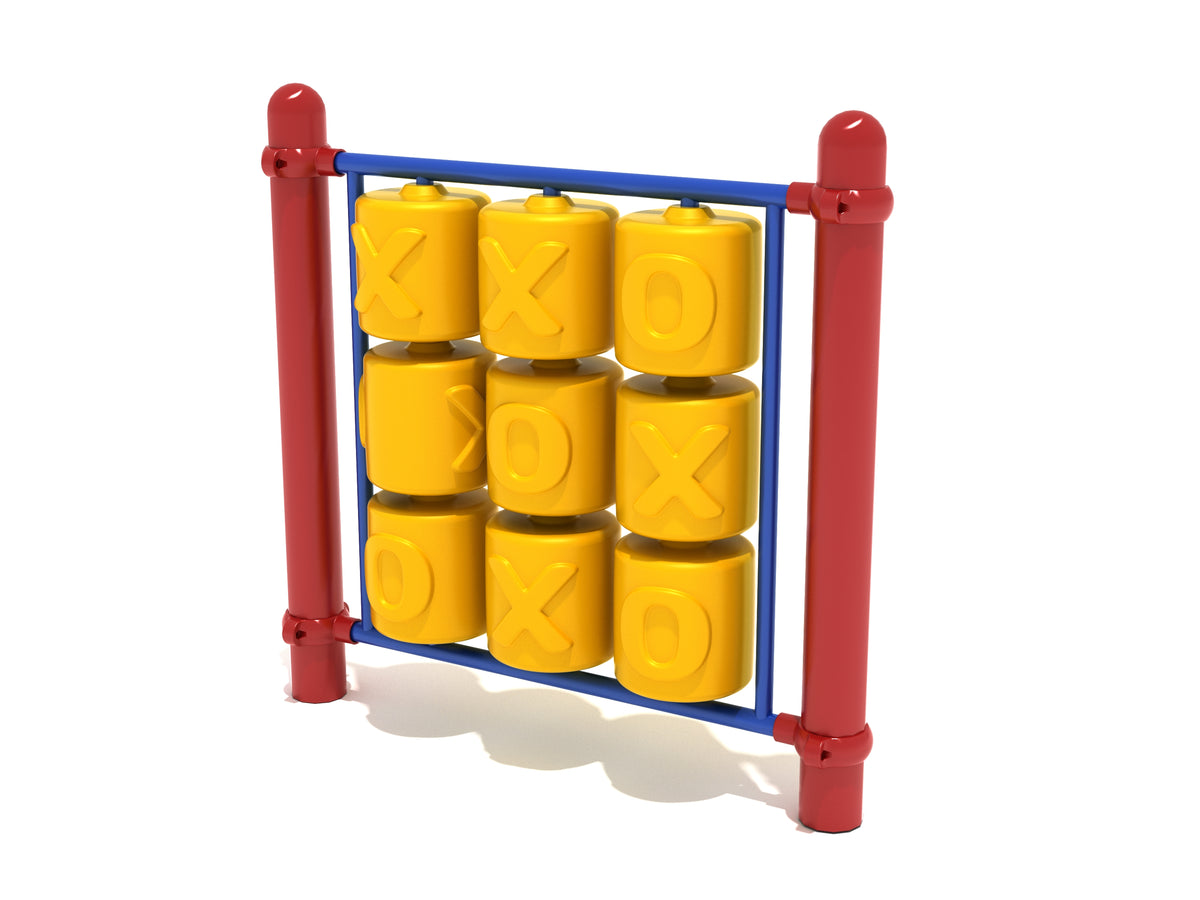 Traditional Tic-Tac-Toe playground panel with nine yellow rotating cylinders displaying X and O game pieces in blue and red frame