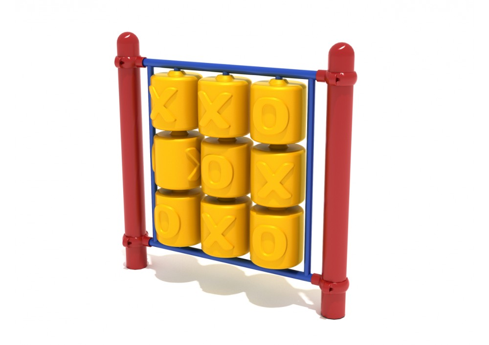 Traditional Tic-Tac-Toe playground panel with nine yellow rotating cylinders displaying X and O game pieces in blue and red frame