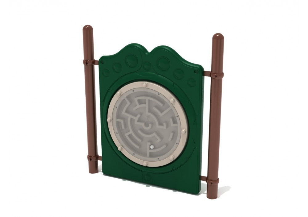 Green freestanding circular ball maze panel with white ball, supported by two brown posts, featuring an intricate labyrinth design.