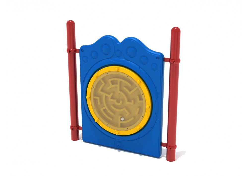 Freestanding Ball Maze Panel with Posts featuring a blue frame, yellow circular maze labyrinth, and red steel posts for playground activity