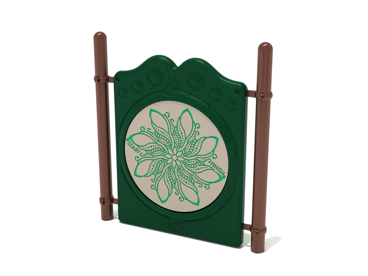 Freestanding playground finger maze panel with circular floral pattern in green and tan, mounted on posts