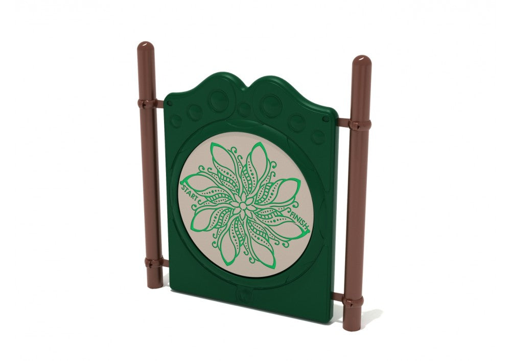Freestanding playground finger maze panel with circular floral pattern in green and beige, mounted on posts