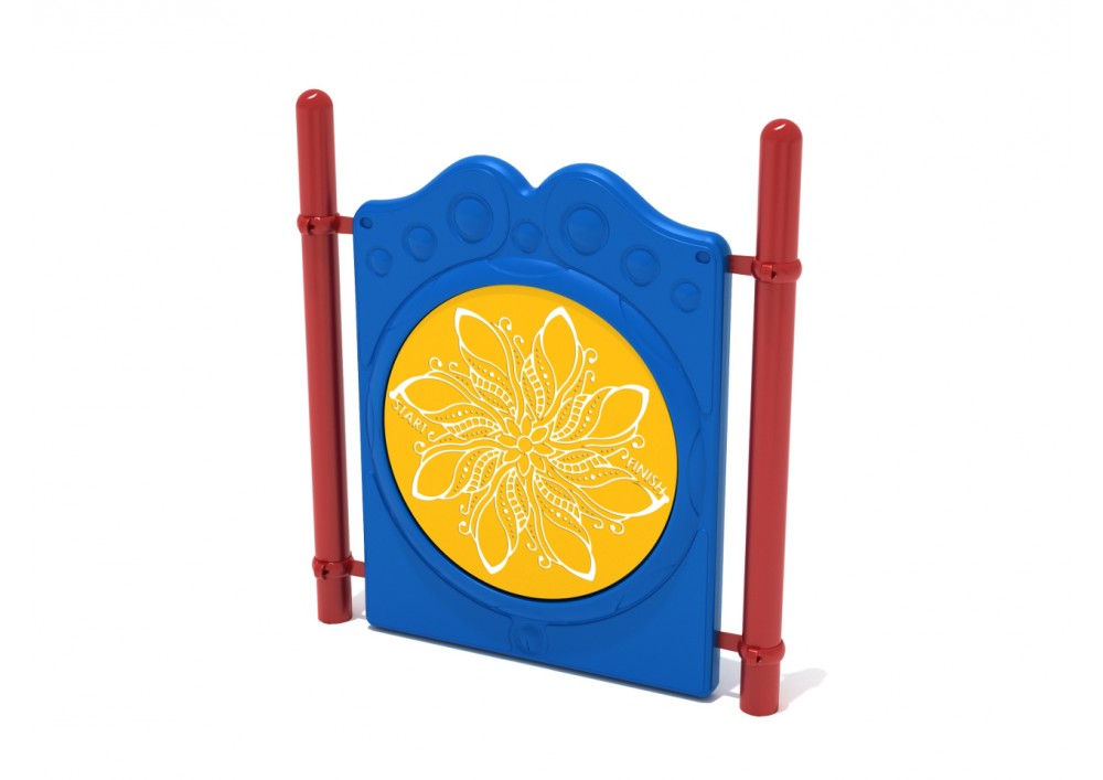 Freestanding Finger Maze Panel with Posts featuring a blue frame, red posts, and a yellow circular flower maze design