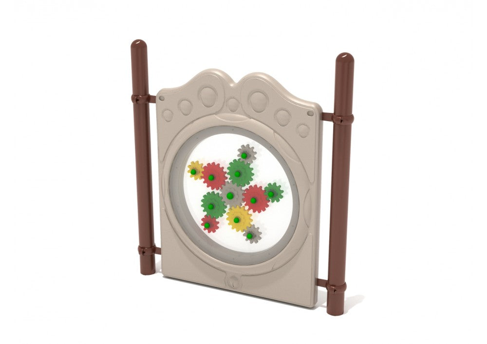Neutral freestanding panel with multicolor interlocking gears and brown posts for interactive mechanical play