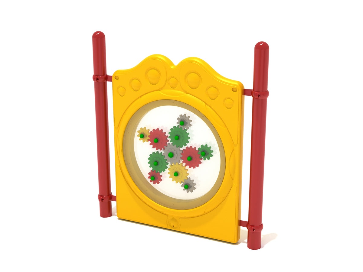 Freestanding Gear Panel with Posts featuring multicolor rotating gears in a yellow frame with red posts for playground learning and play