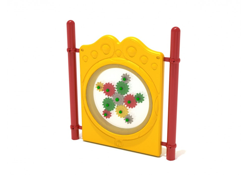 Freestanding Gear Panel with Posts featuring multicolor rotating gears in a yellow frame with red posts for playground learning and play