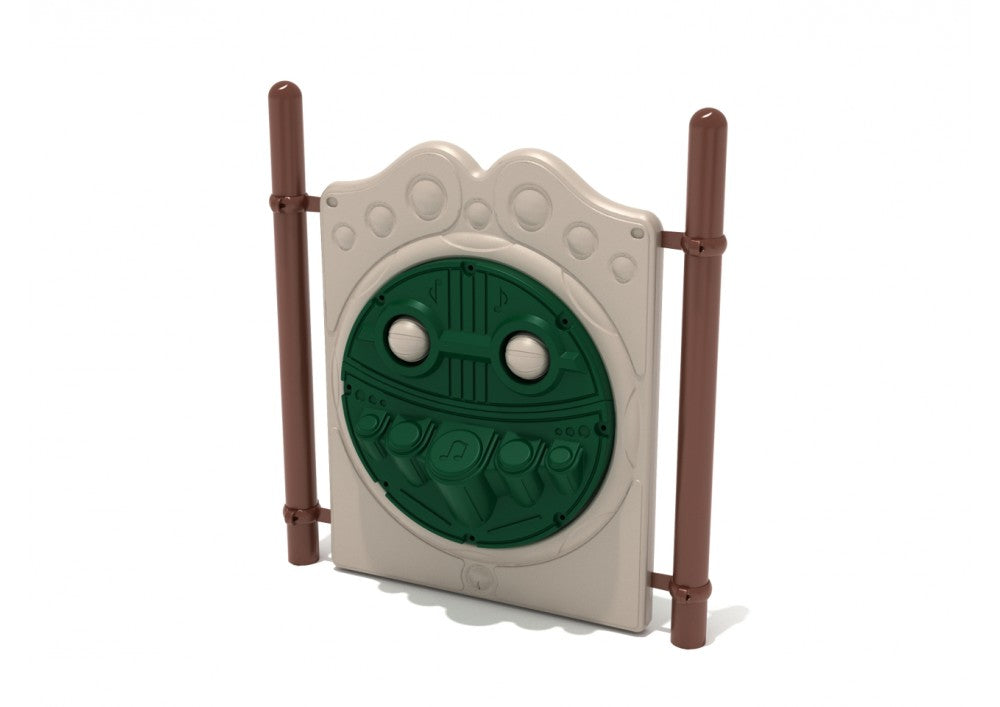 Neutral freestanding percussion panel with brown posts, circular green music panel featuring spinning rattles and drum elements