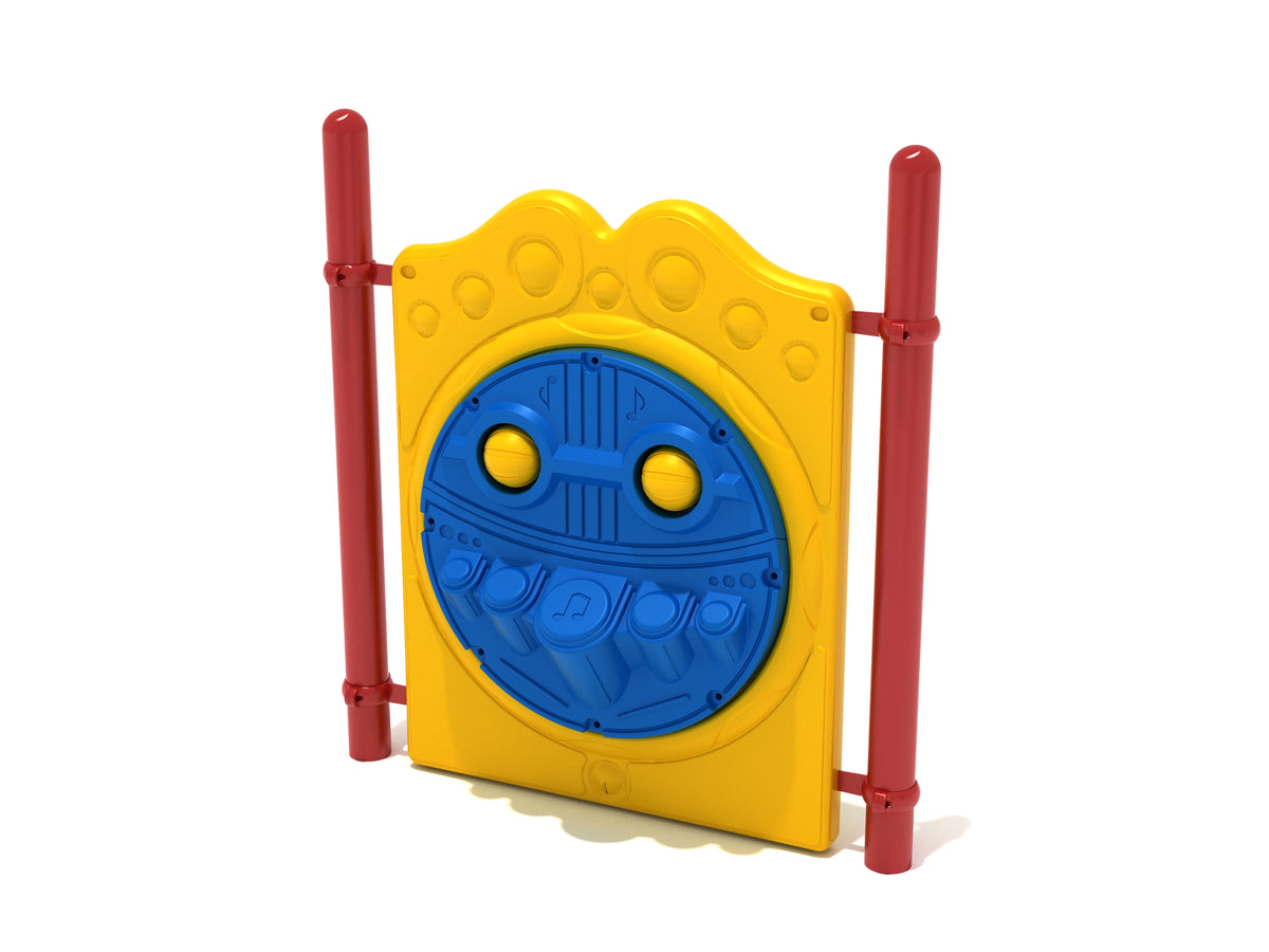 Freestanding Percussion Panel with Posts featuring a yellow frame, blue circular music panel with spinning rattles and drum shapes, supported by red posts.