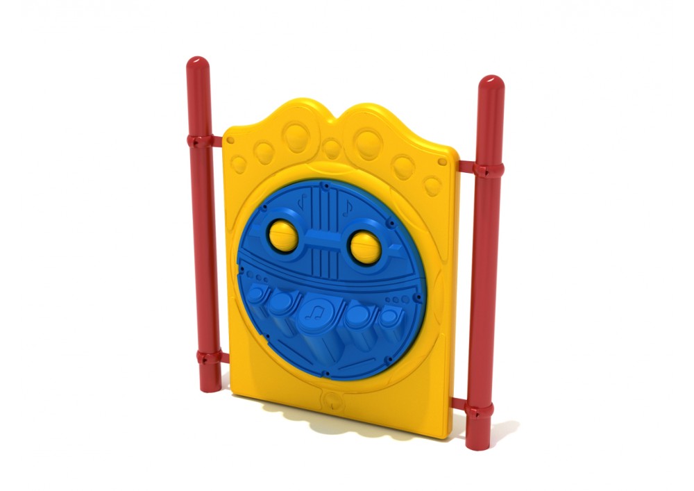 Freestanding Percussion Panel with Posts featuring a yellow frame, blue circular music panel with spinning rattles and drum shapes, supported by red posts.