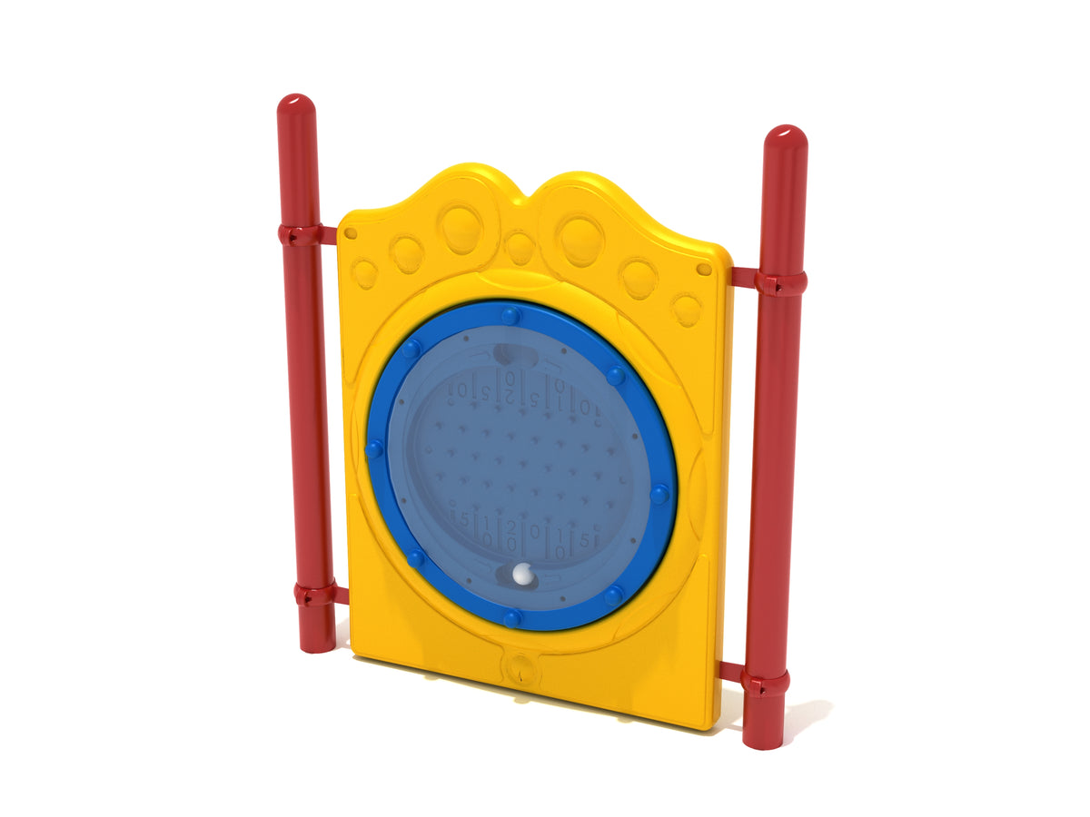 Plinko Panel Stand Alone Play Event with yellow frame, blue circular game board, red support posts, interactive children's game panel